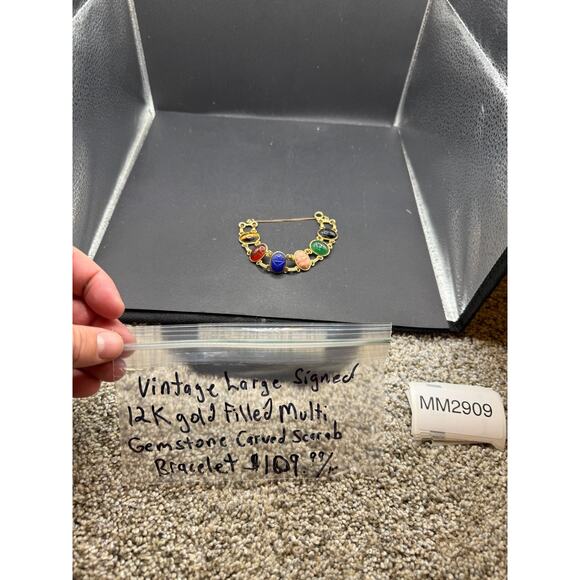 Vintage Signed 12k Gold Filled Multi Gemstone Cabochon Carved Scarab Bracelet 7" - Picture 11 of 11